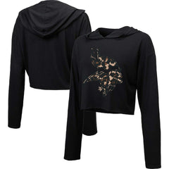 Minnesota Vikings Majestic Threads Women's Leopard Cropped Pullover Hoodie Black | NFL