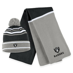 Las Vegas Raiders WEAR by Erin Andrews Women's Colorblock Cuffed Knit Hat with Pom and Scarf Set Black | NFL