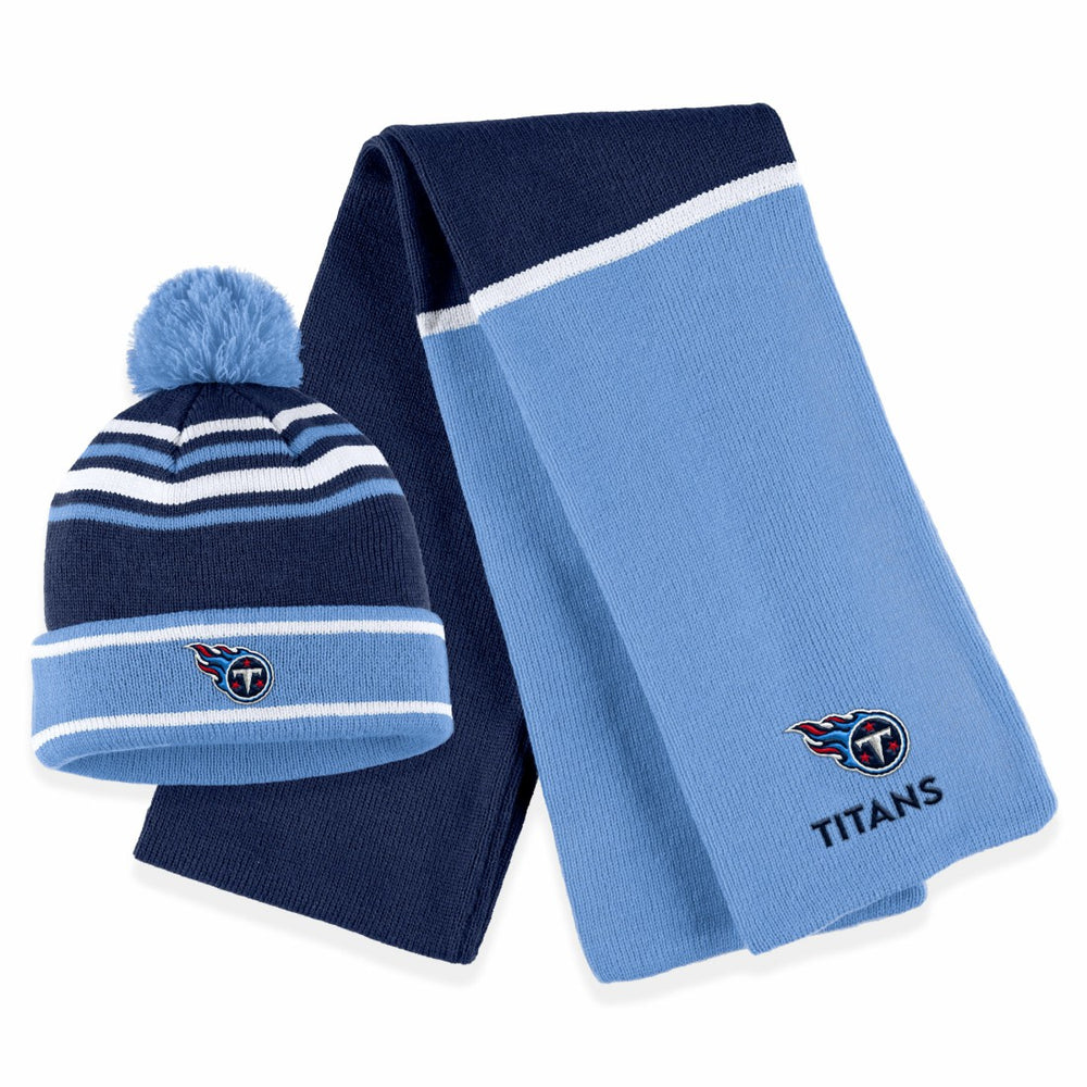 Tennessee Titans WEAR by Erin Andrews Women's Colorblock Cuffed Knit Hat with Pom and Scarf Set Navy | NFL