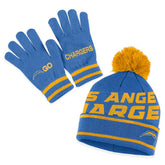 Los Angeles Chargers WEAR by Erin Andrews Women's Double Jacquard Cuffed Knit Hat with Pom and Gloves Set Powder Blue | NFL