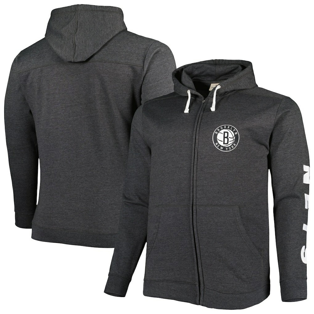 Brooklyn Nets Big & Tall Down and Distance Full-Zip Hoodie Heathered Black - NBA