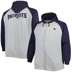 New England Patriots Big & Tall Fleece Raglan Full-Zip Hoodie Jacket Heather Gray | NFL