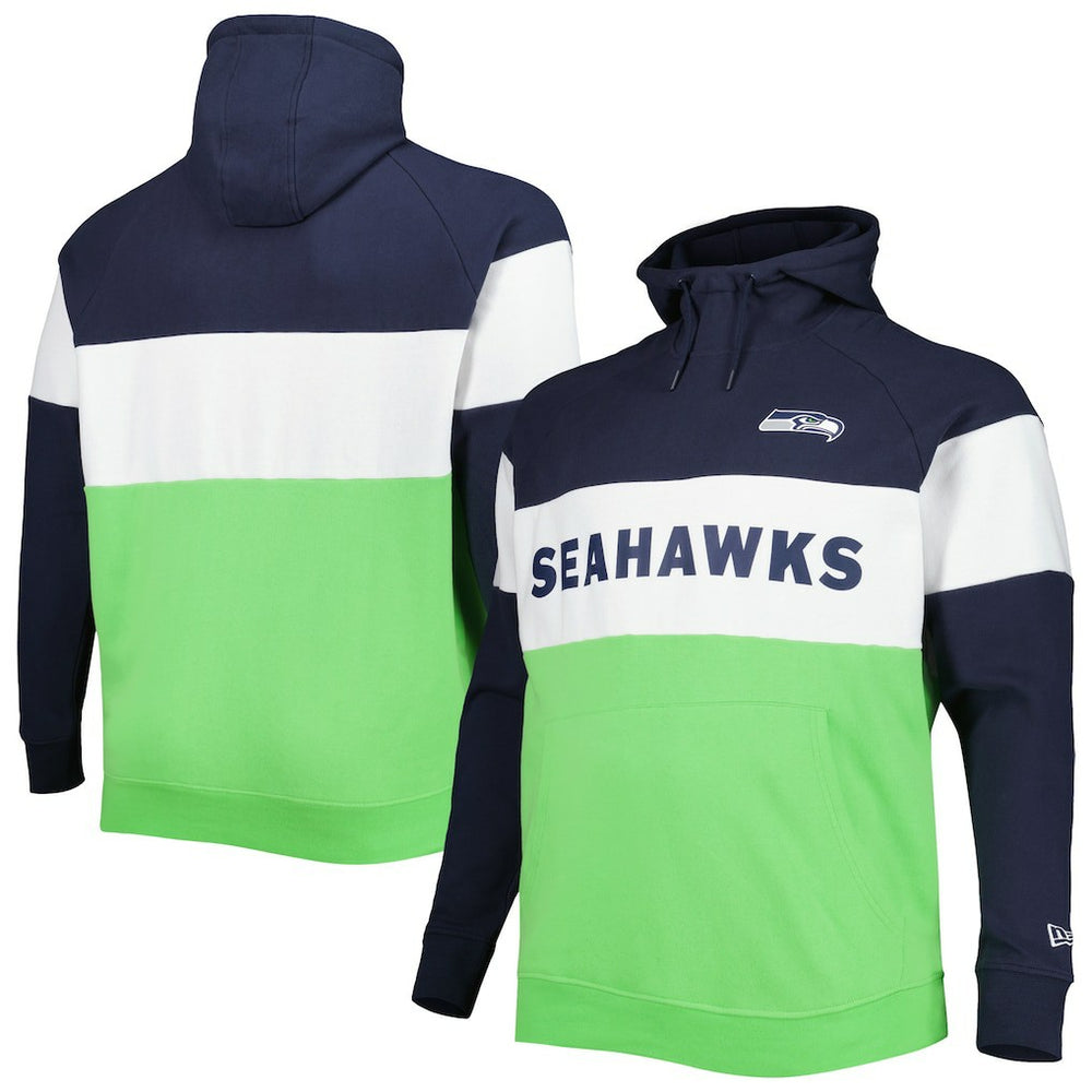 Seattle Seahawks New Era Big & Tall Current Team Colorblock Fleece Raglan Pullover Hoodie College Navy/Neon Green | NFL