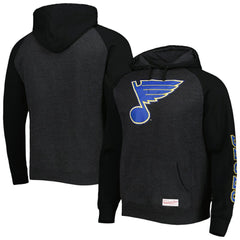 St. Louis Blues Mitchell & Ness Distressed Logo Raglan Pullover Hoodie - Heather Black - NHL