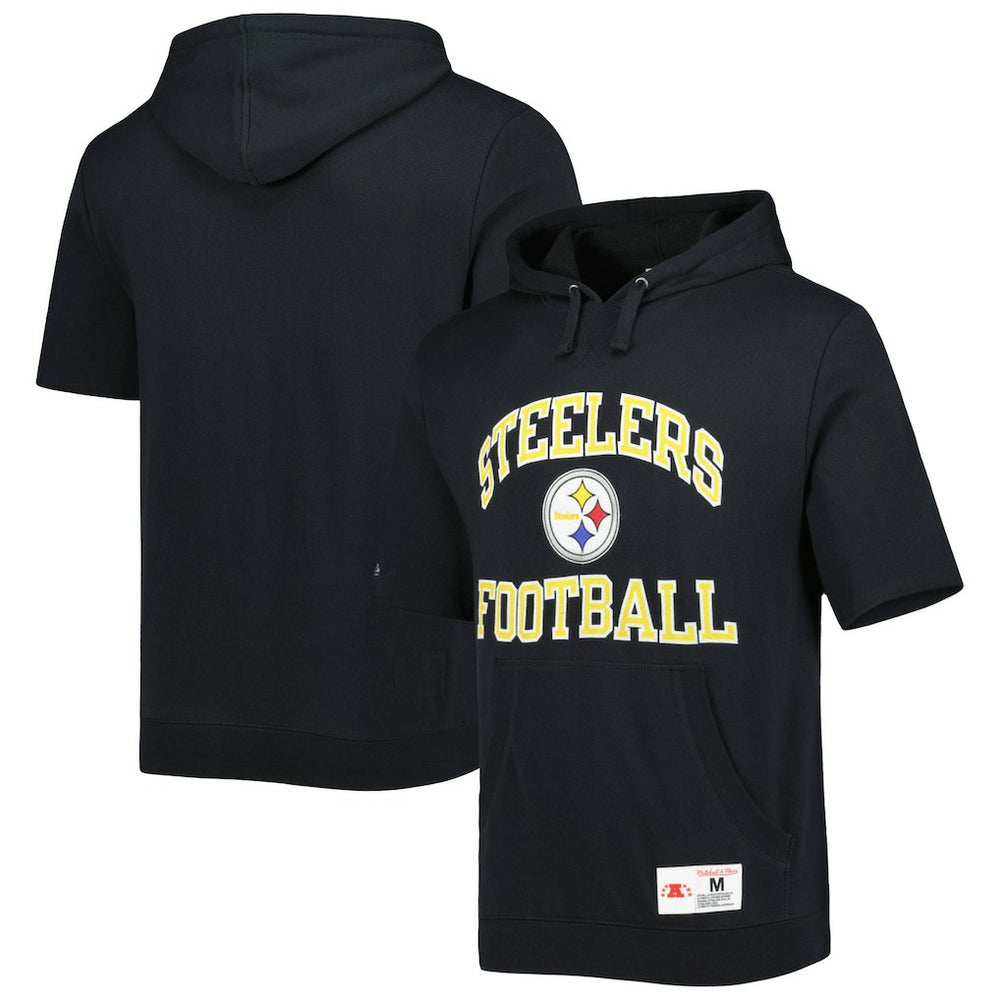 Pittsburgh Steelers Washed Short Sleeve Pullover Hoodie Black | Mitchell & Ness