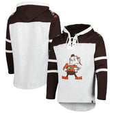 Cleveland Browns '47 Brownie The Elf Historic Logo Gridiron Lace-Up Pullover Hoodie Heather Gray | 47 brand