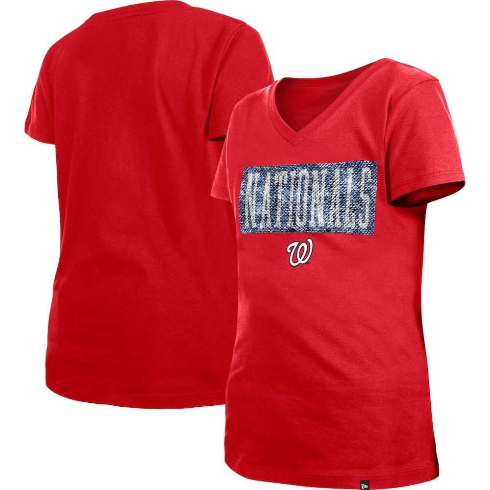 Washington Nationals New Era Girls Youth Flip Sequin Team V-Neck T-Shirt - MLB