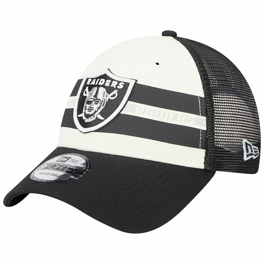 Las Vegas Raiders New Era Team Stripe Trucker 9FORTY Snapback Hat Cream/Black | NFL