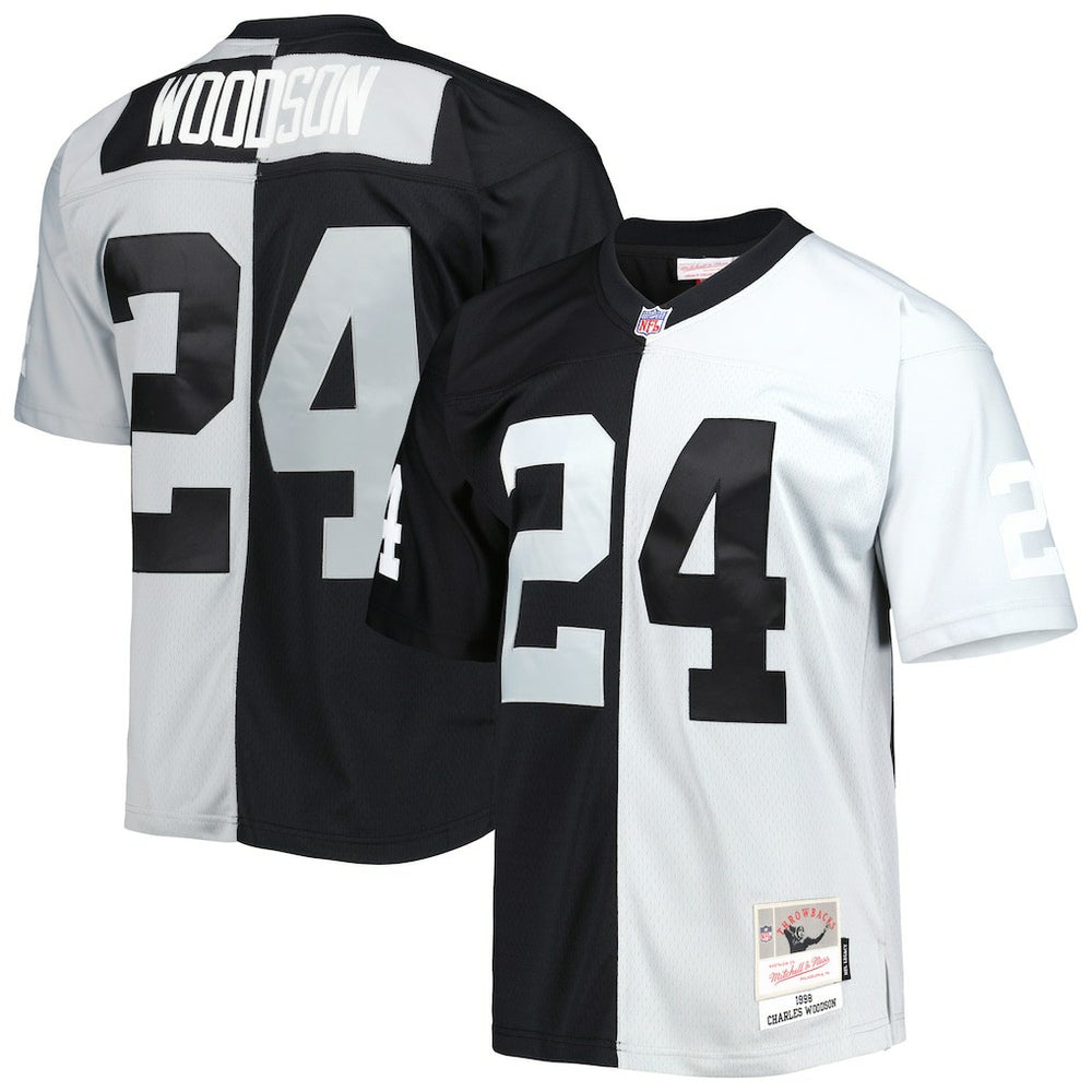 Charles Woodson Las Vegas Raiders 1998 Split Legacy Replica Jersey Black/Silver | Mitchell & Ness