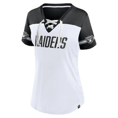 Las Vegas Raiders Women's Dueling Slant V-Neck Lace-Up T-Shirt White | Fanatics