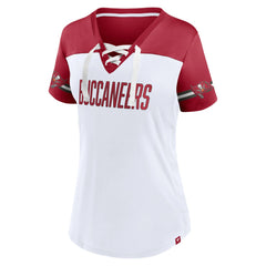 Tampa Bay Buccaneers Women's Dueling Slant V-Neck Lace-Up T-Shirt White | Fanatics
