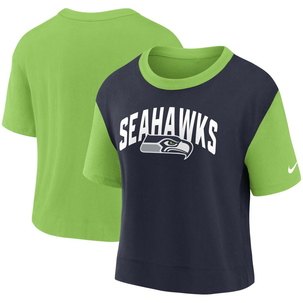 Seattle Seahawks Women's High Hip Fashion T-Shirt Neon Green/College Navy | Nike for Sale