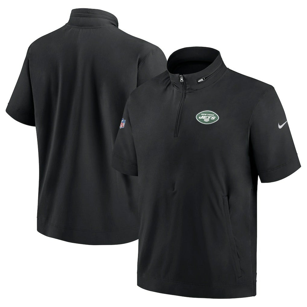 New York Jets Sideline Coach Short Sleeve Hoodie Quarter-Zip Jacket - Black | Nike for Sale