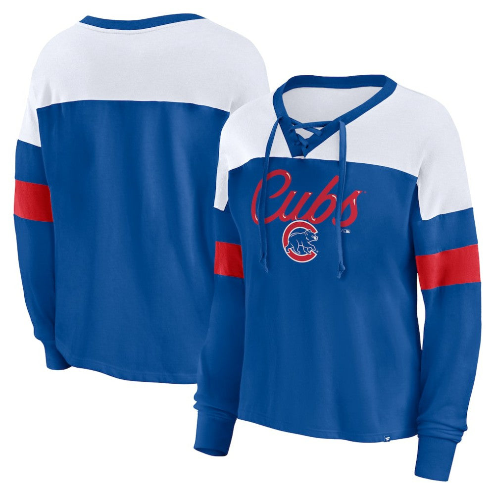 Chicago Cubs Fanatics Women's Even Match Lace-Up Long Sleeve V-Neck T-Shirt - MLB