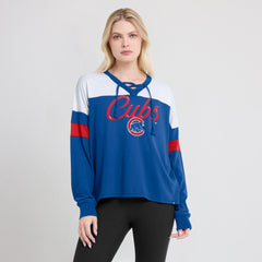 Chicago Cubs Fanatics Women's Even Match Lace-Up Long Sleeve V-Neck T-Shirt - MLB