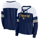 Milwaukee Brewers Fanatics Women's Even Match Lace-Up Long Sleeve V-Neck T-Shirt - MLB