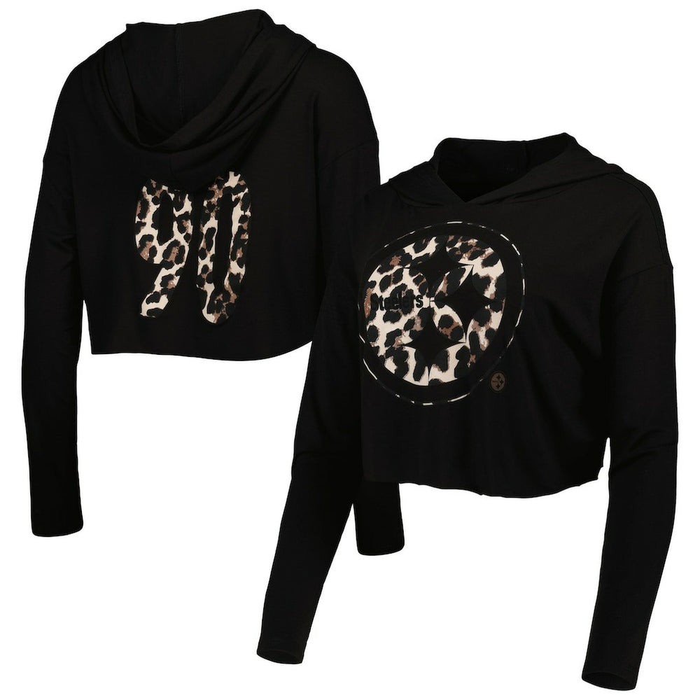 T.J. Watt Pittsburgh Steelers Majestic Threads Women's Leopard Player Name & Number Long Sleeve Cropped Hoodie Black | NFL