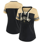 New Orleans Saints Women's Blitz & Glam Lace-Up V-Neck Jersey T-Shirt Black/Vegas Gold | Fanatics