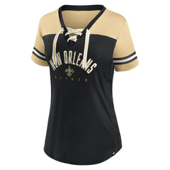 New Orleans Saints Women's Blitz & Glam Lace-Up V-Neck Jersey T-Shirt Black/Vegas Gold | Fanatics
