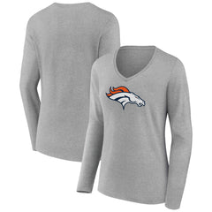 Denver Broncos Women's Primary Team Logo Long Sleeve V-Neck T-Shirt Heather Gray | NFL