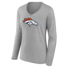 Denver Broncos Women's Primary Team Logo Long Sleeve V-Neck T-Shirt Heather Gray | NFL