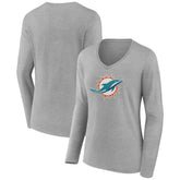 Miami Dolphins Women's Primary Team Logo Long Sleeve V-Neck T-Shirt Heather Gray | NFL