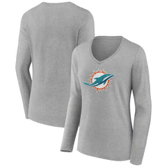 Miami Dolphins Women's Primary Team Logo Long Sleeve V-Neck T-Shirt Heather Gray | NFL