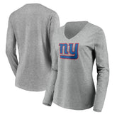 New York Giants Women's Primary Team Logo Long Sleeve V-Neck T-Shirt Heather Gray | NFL