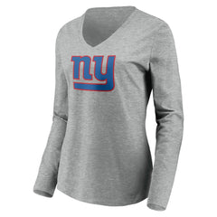 New York Giants Women's Primary Team Logo Long Sleeve V-Neck T-Shirt Heather Gray | NFL