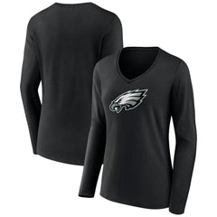 Philadelphia Eagles Women's Primary Team Logo Long Sleeve V-Neck T-Shirt Black | NFL