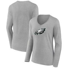 Philadelphia Eagles Women's Primary Team Logo Long Sleeve V-Neck T-Shirt Heather Gray | NFL