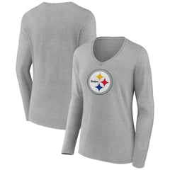 Pittsburgh Steelers Women's Primary Team Logo Long Sleeve V-Neck T-Shirt Heather Gray | NFL