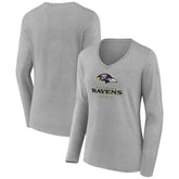 Baltimore Ravens Women's Logo Team Lockup Long Sleeve V-Neck T-Shirt Heather Gray | NFL