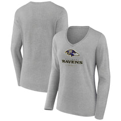 Baltimore Ravens Women's Logo Team Lockup Long Sleeve V-Neck T-Shirt Heather Gray | NFL