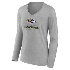 Baltimore Ravens Women's Logo Team Lockup Long Sleeve V-Neck T-Shirt Heather Gray | NFL