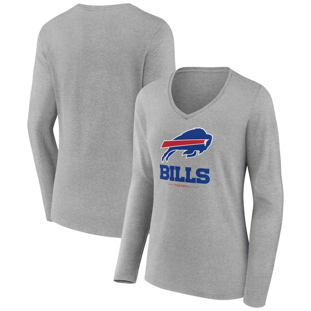 Buffalo Bills Women's Logo Team Lockup Long Sleeve V-Neck T-Shirt Heather Gray | NFL