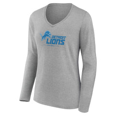 Detroit Lions Women's Logo Team Lockup Long Sleeve V-Neck T-Shirt Heather Gray | NFL