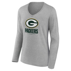 Green Bay Packers Women's Logo Team Lockup Long Sleeve V-Neck T-Shirt Heather Gray | NFL