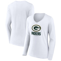Green Bay Packers Women's Logo Team Lockup Long Sleeve V-Neck T-Shirt White | NFL