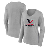 Houston Texans Women's Logo Team Lockup Long Sleeve V-Neck T-Shirt Heather Gray | NFL