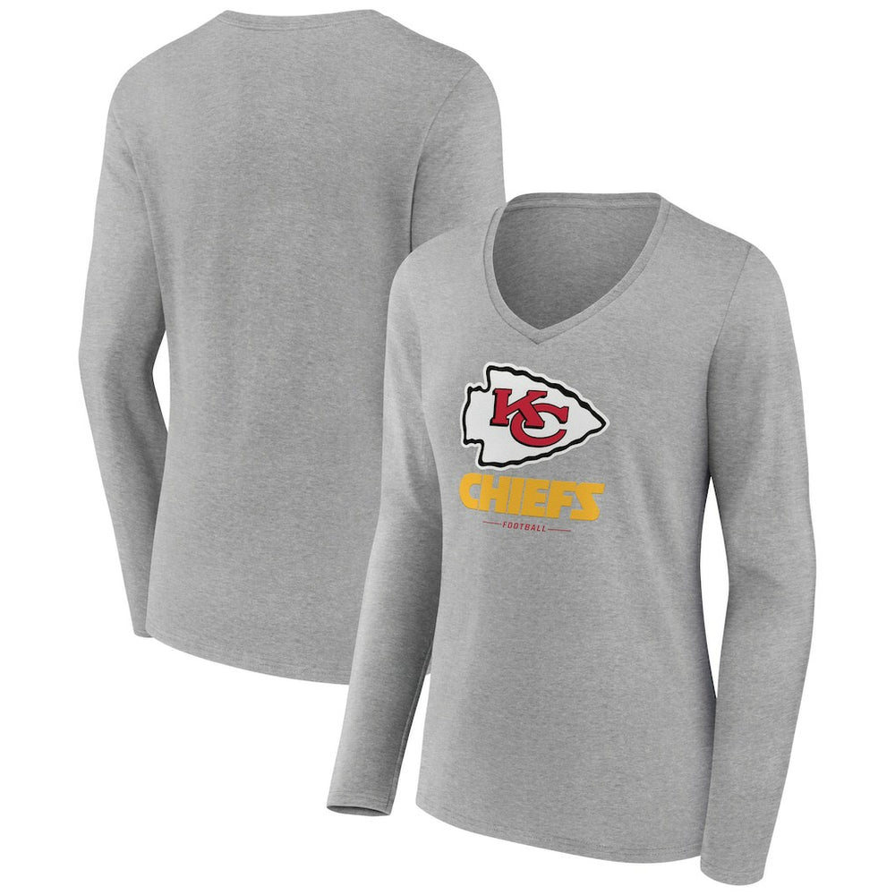 Kansas City Chiefs Women's Logo Team Lockup Long Sleeve V-Neck T-Shirt Heather Gray | NFL