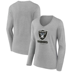Las Vegas Raiders Women's Logo Team Lockup Long Sleeve V-Neck T-Shirt Heather Gray | NFL