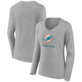 Miami Dolphins Women's Logo Team Lockup Long Sleeve V-Neck T-Shirt Heather Gray | NFL