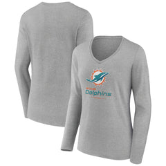 Miami Dolphins Women's Logo Team Lockup Long Sleeve V-Neck T-Shirt Heather Gray | NFL