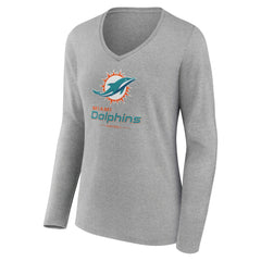 Miami Dolphins Women's Logo Team Lockup Long Sleeve V-Neck T-Shirt Heather Gray | NFL