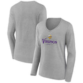 Minnesota Vikings Women's Logo Team Lockup Long Sleeve V-Neck T-Shirt Heather Gray | NFL