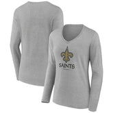 New Orleans Saints Women's Logo Team Lockup Long Sleeve V-Neck T-Shirt Heather Gray | NFL