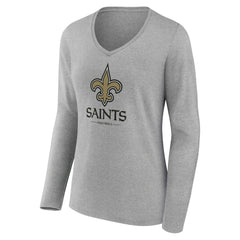 New Orleans Saints Women's Logo Team Lockup Long Sleeve V-Neck T-Shirt Heather Gray | NFL