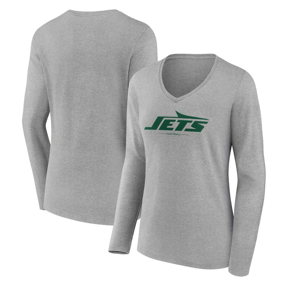 New York Jets Women's Logo Team Lockup Long Sleeve V-Neck T-Shirt Heather Gray | NFL