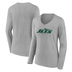 New York Jets Women's Logo Team Lockup Long Sleeve V-Neck T-Shirt Heather Gray | NFL